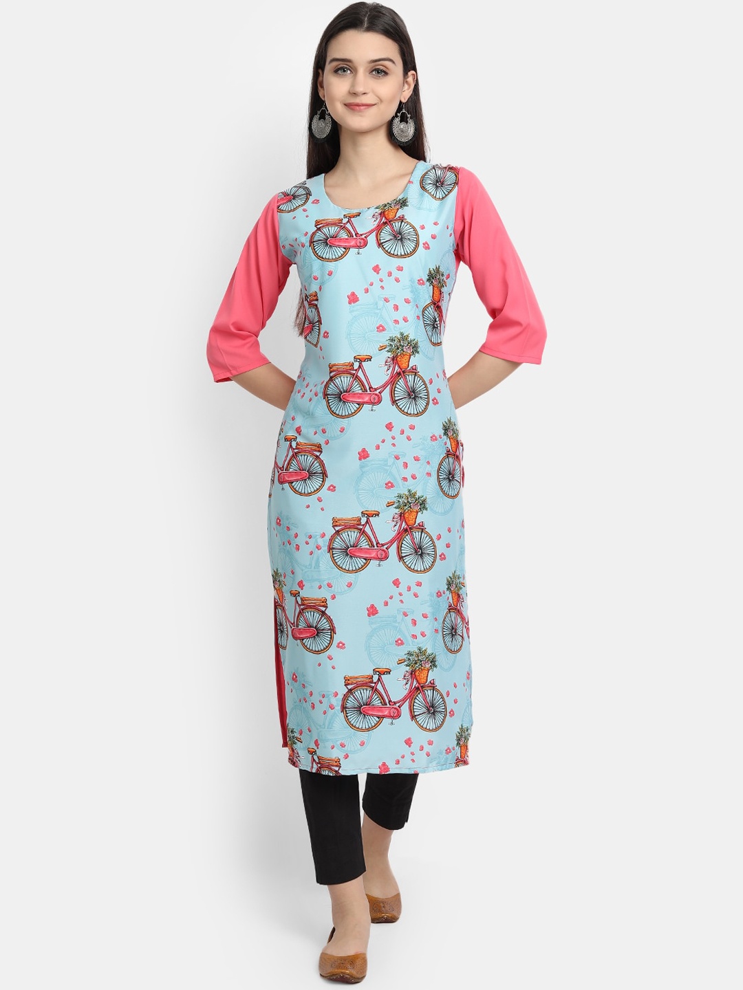 

7Threads Women Turquoise Blue & Pink Printed Crepe Kurta