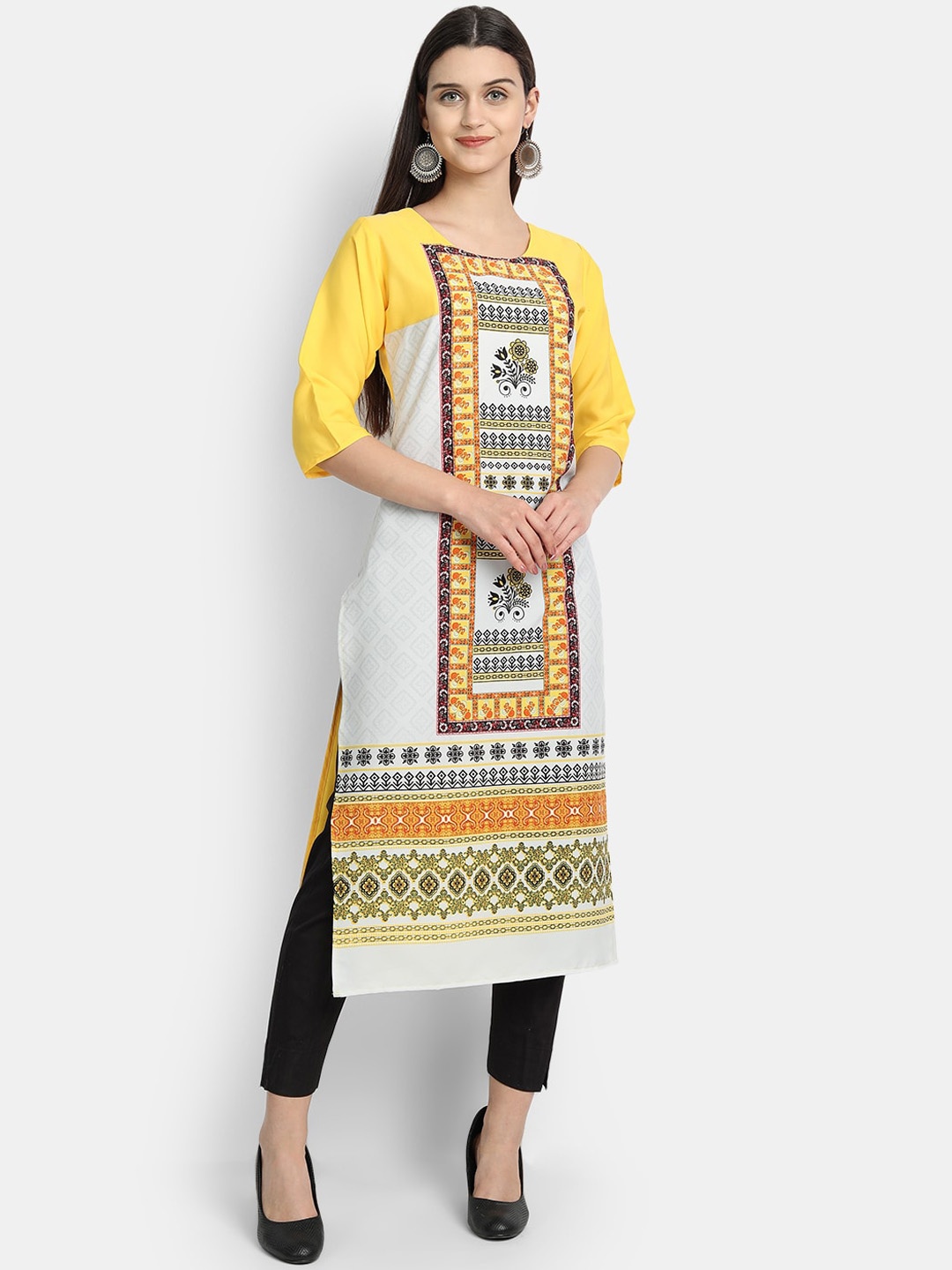 

7Threads Women Yellow & White Digital Print Straight Kurta