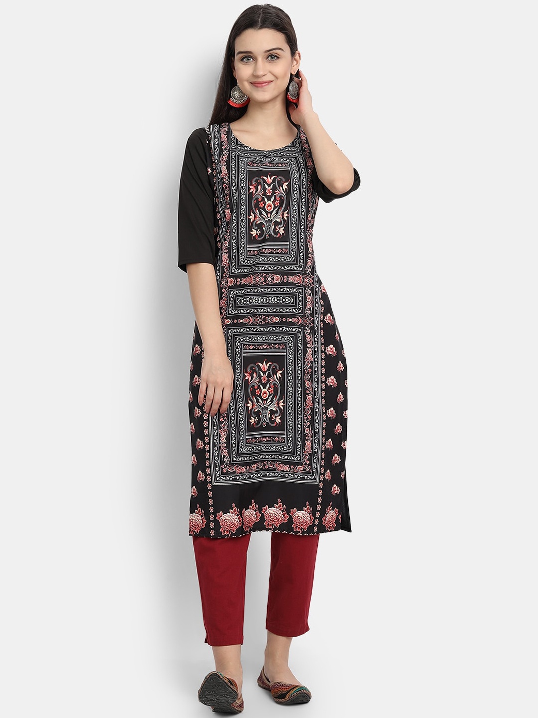 

7Threads Women Black Ethnic Motifs Printed Crepe Kurta