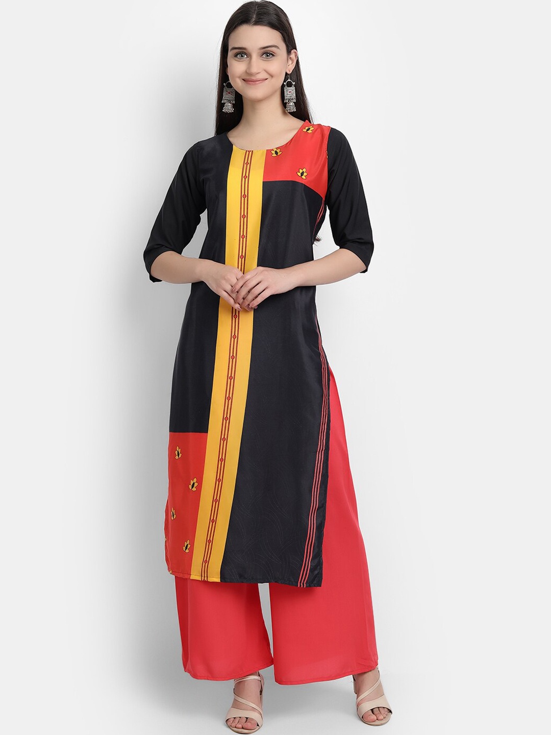 

7Threads Women Black & Red Colourblocked Crepe Kurta