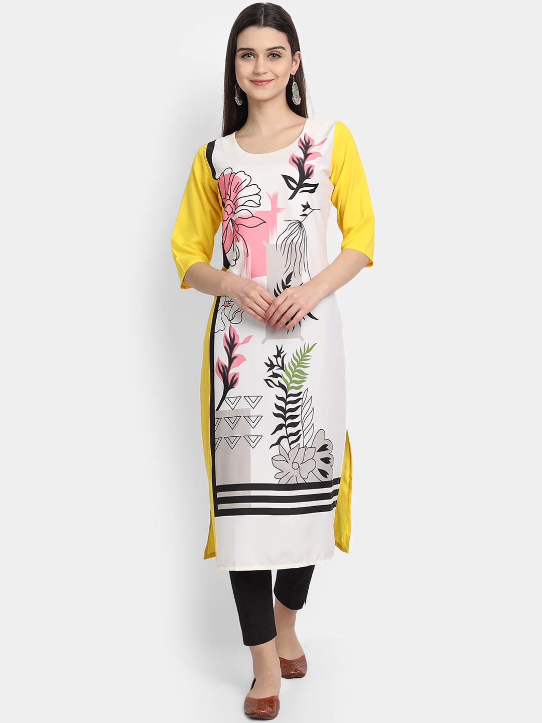 

7Threads Women White & Yellow Floral Printed Crepe Kurta