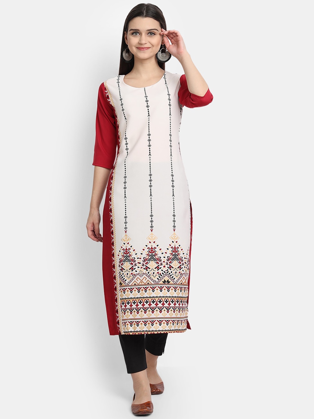 

7Threads Women Off White Geometric Printed Crepe Kurta