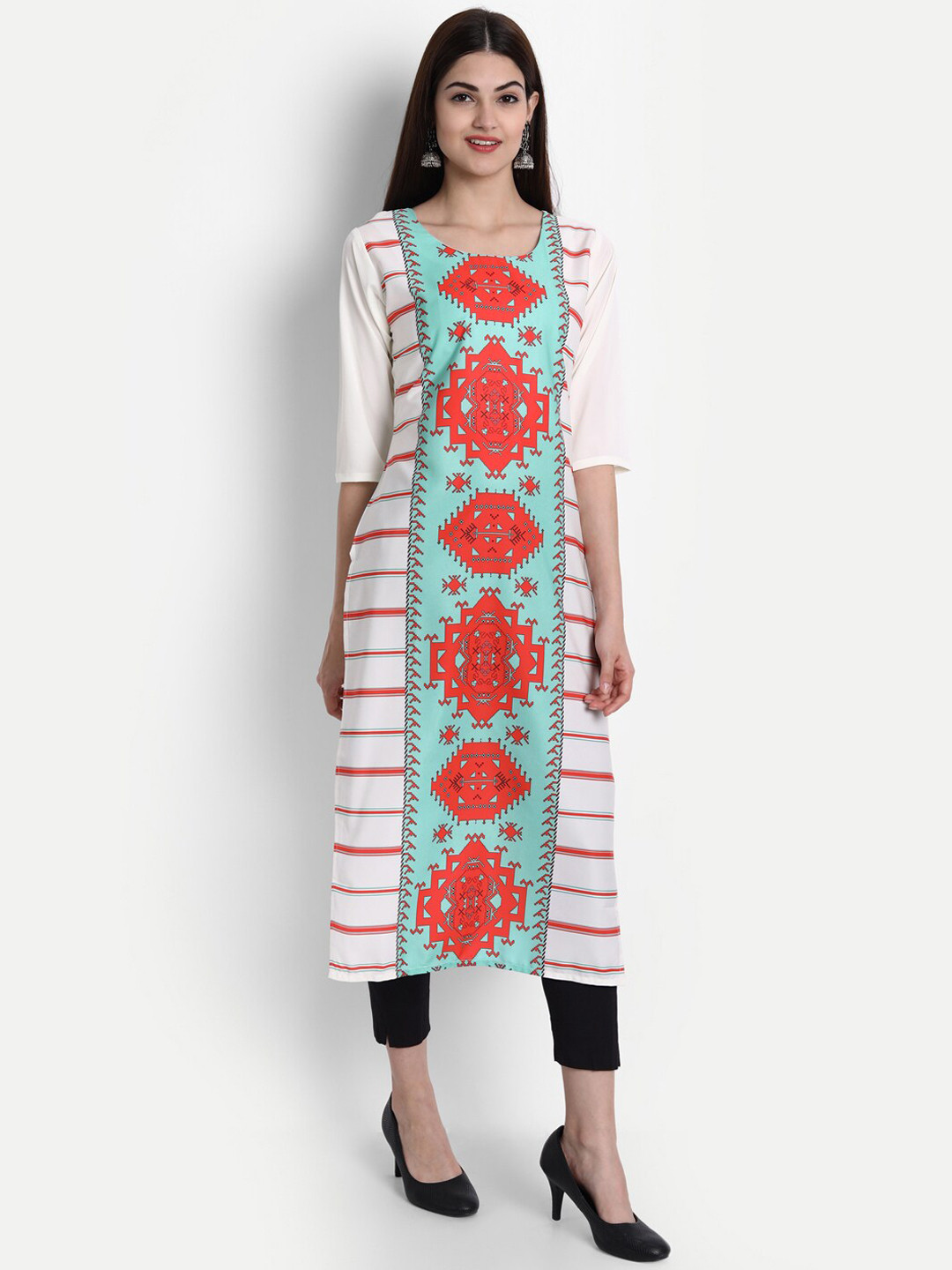 

7Threads Women White & Red Ethnic Motifs Printed Crepe Kurta