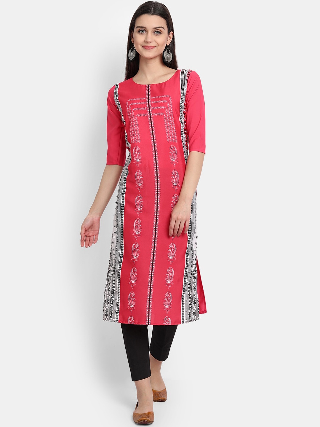 

7Threads Women Pink Ethnic Motifs Printed Thread Work Crepe Kurta