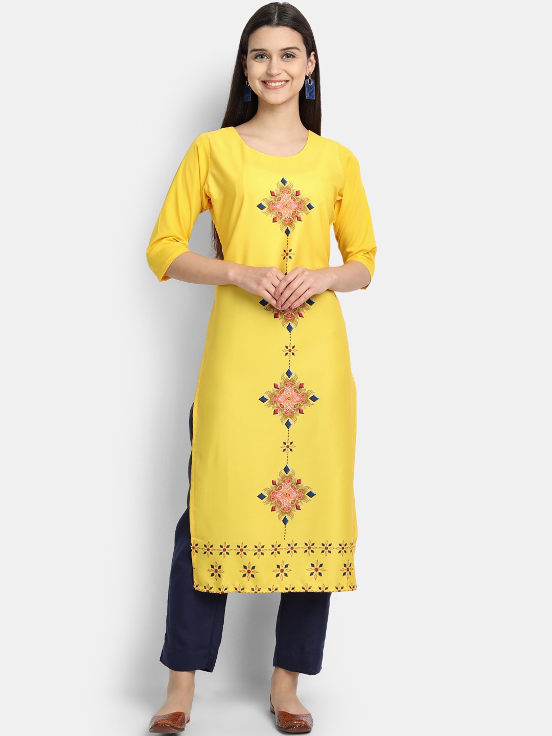 

7Threads Women Yellow & Pink Ethnic Motifs Printed Crepe Kurta