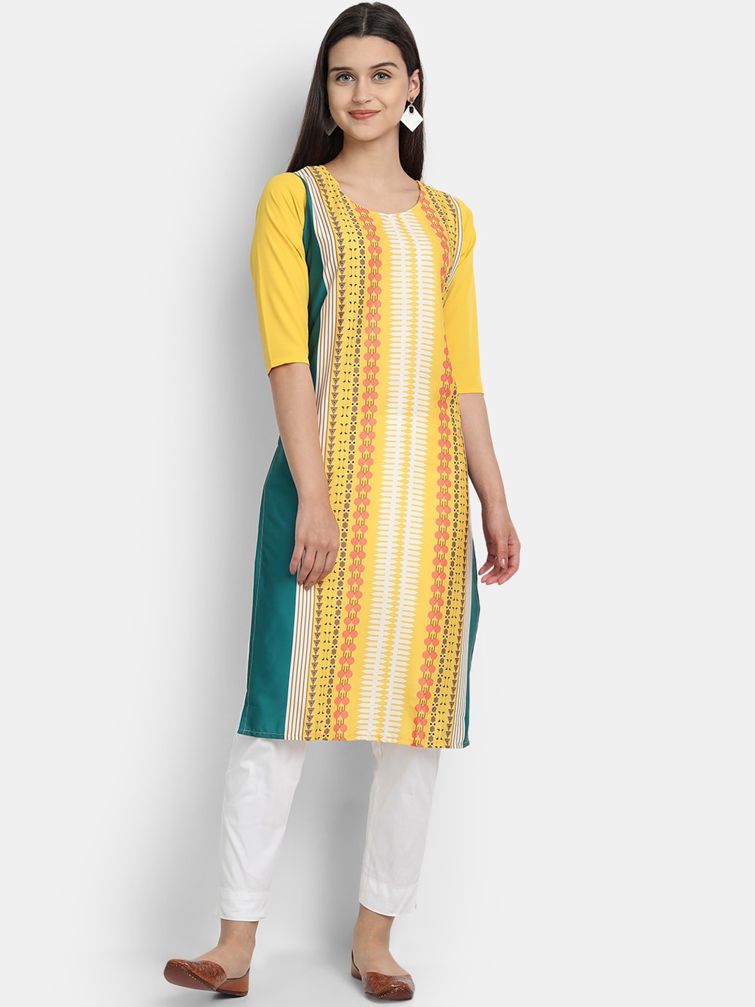 

7Threads Women Yellow & White Geometric Crepe Straight Kurta