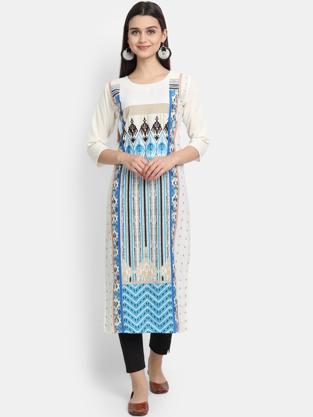 

7Threads Women White & Blue Ethnic Motifs Printed Crepe Kurta