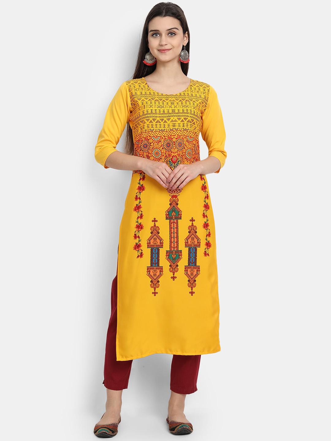 

KALINI Women Mustard Yellow & Red Ethnic Motifs Printed Crepe Kurta