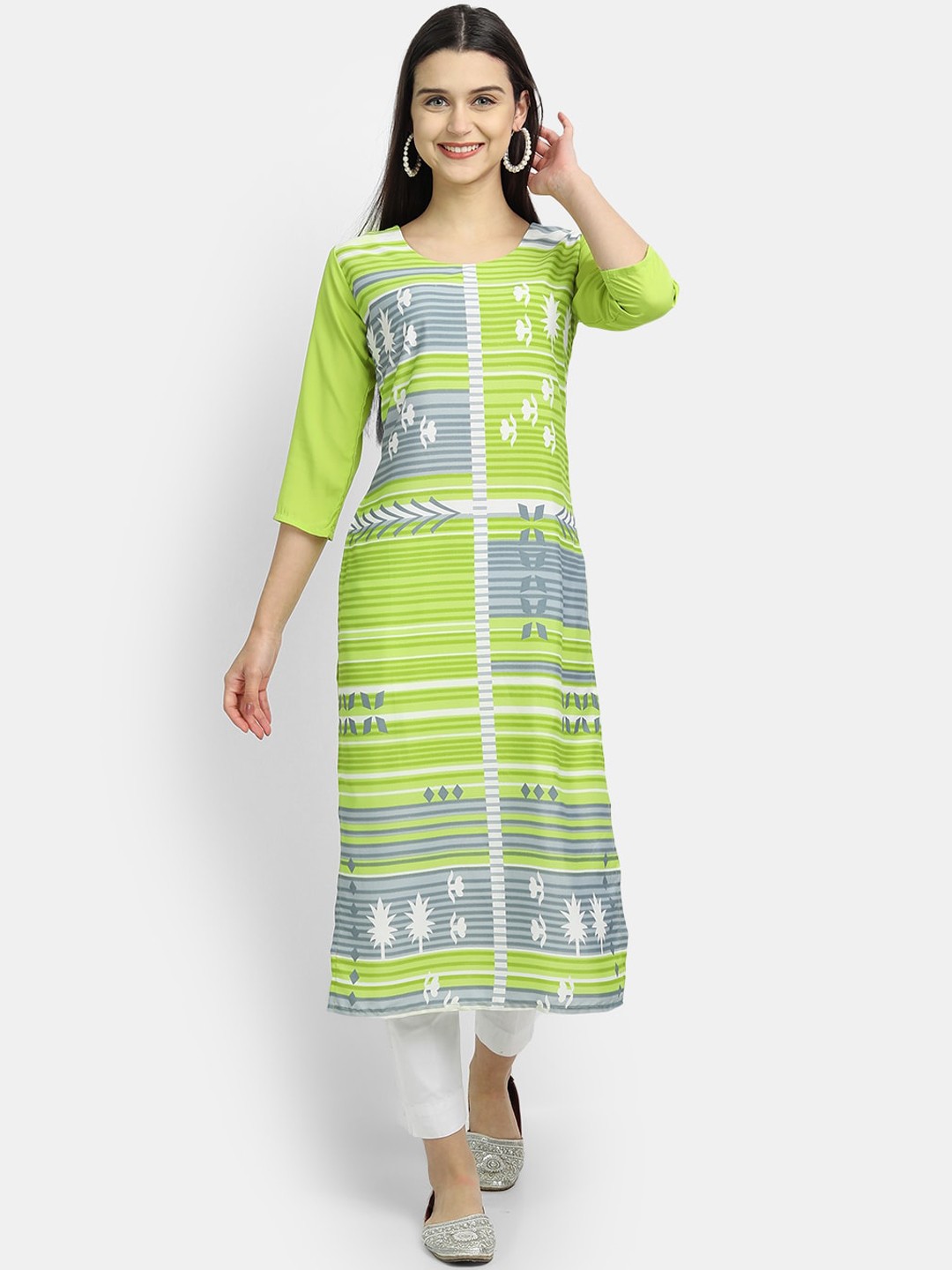 7Threads Women Green & Grey Geometric Printed Crepe Kurta