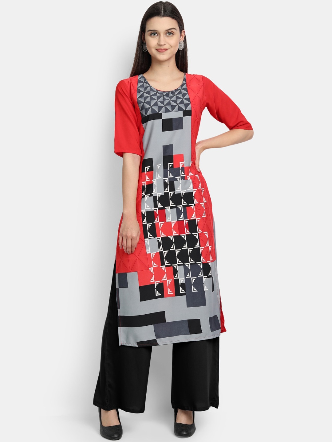 

KALINI Women Red & Black Geometric Printed Crepe Kurta