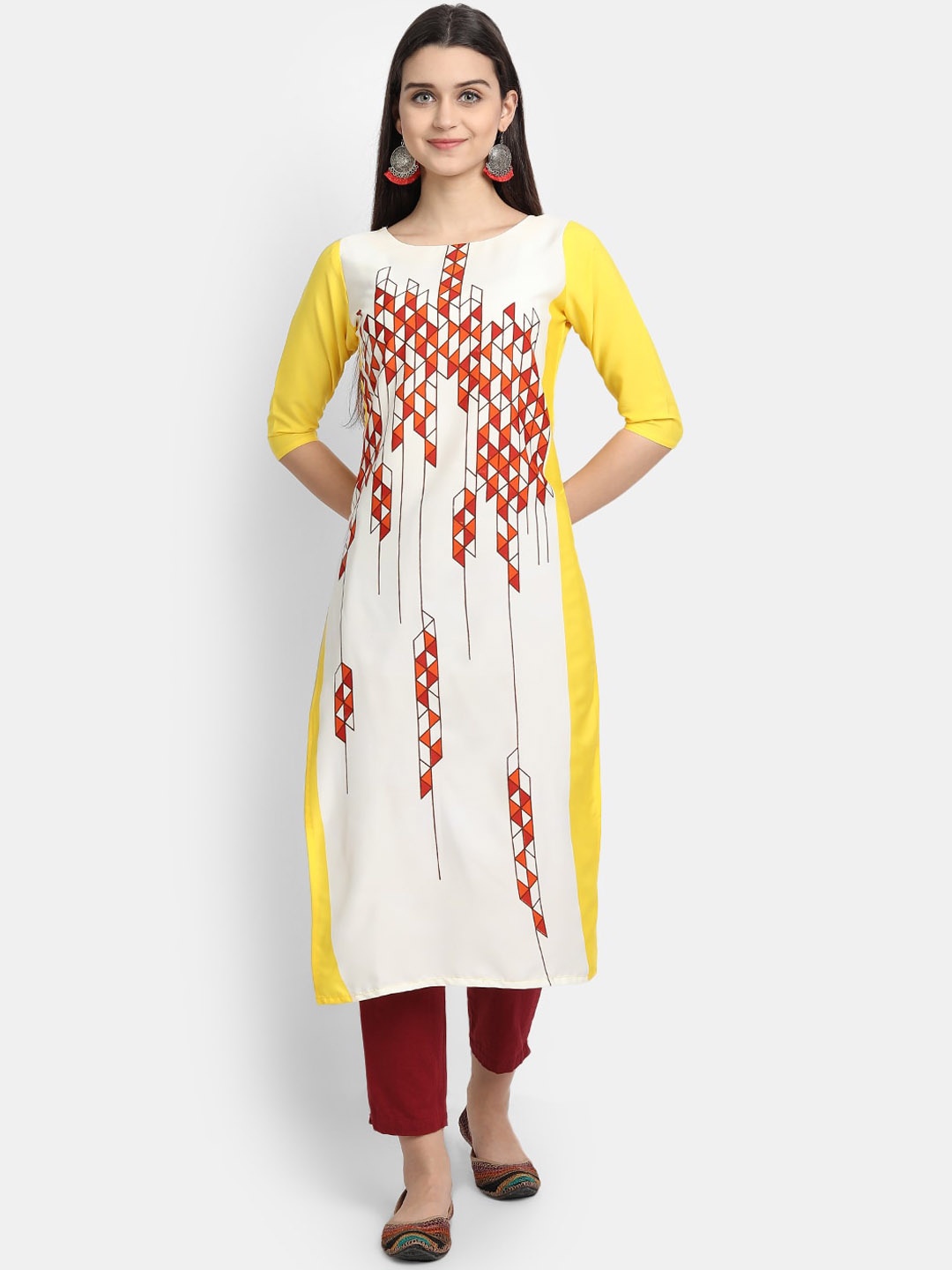 

7Threads Women White & Yellow Printed Crepe Kurta