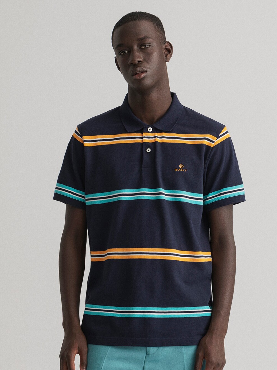 

GANT Men Navy Blue & Turquoise Blue Striped Polo Collar T-shirt