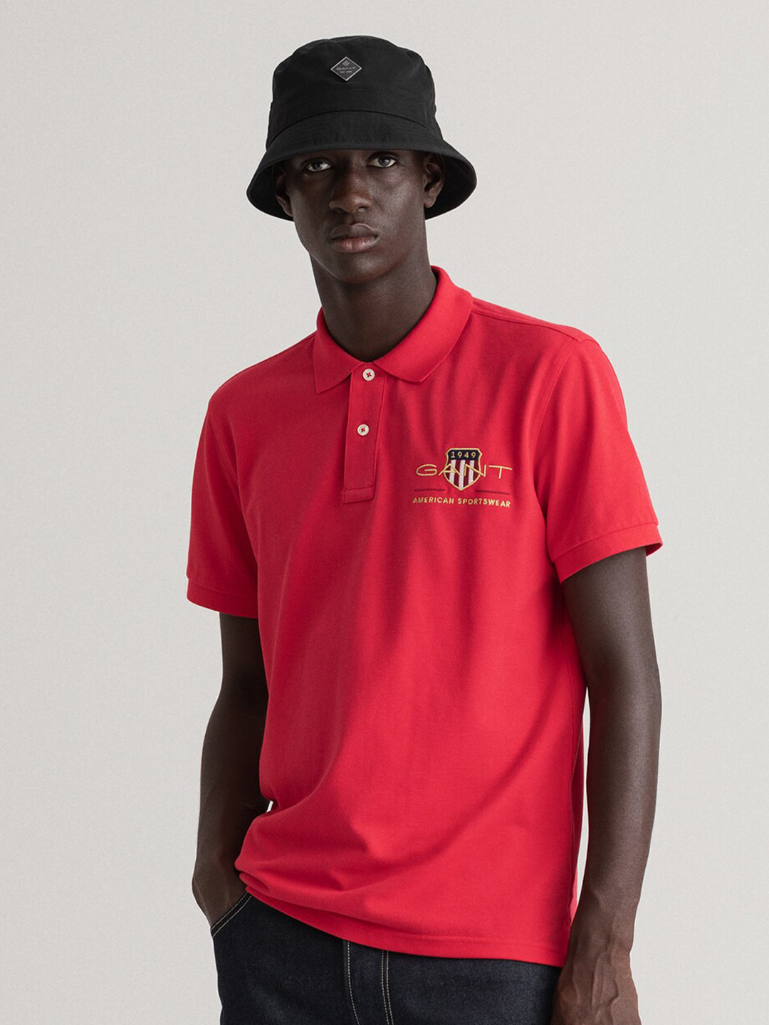 

GANT Men Red Brand Logo Printed Polo Collar T-shirt