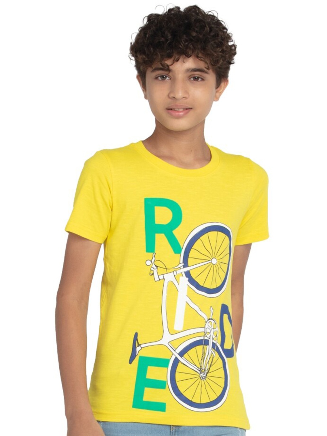 

UNDER FOURTEEN ONLY Boys Yellow Graphic Printed Cotton T-shirt