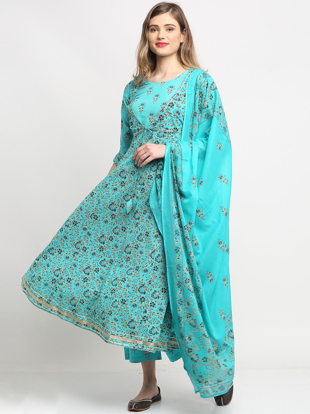 

Roly Poly Women Turquoise Blue Printed Pure Cotton Kurta with Palazzo & With Dupatta