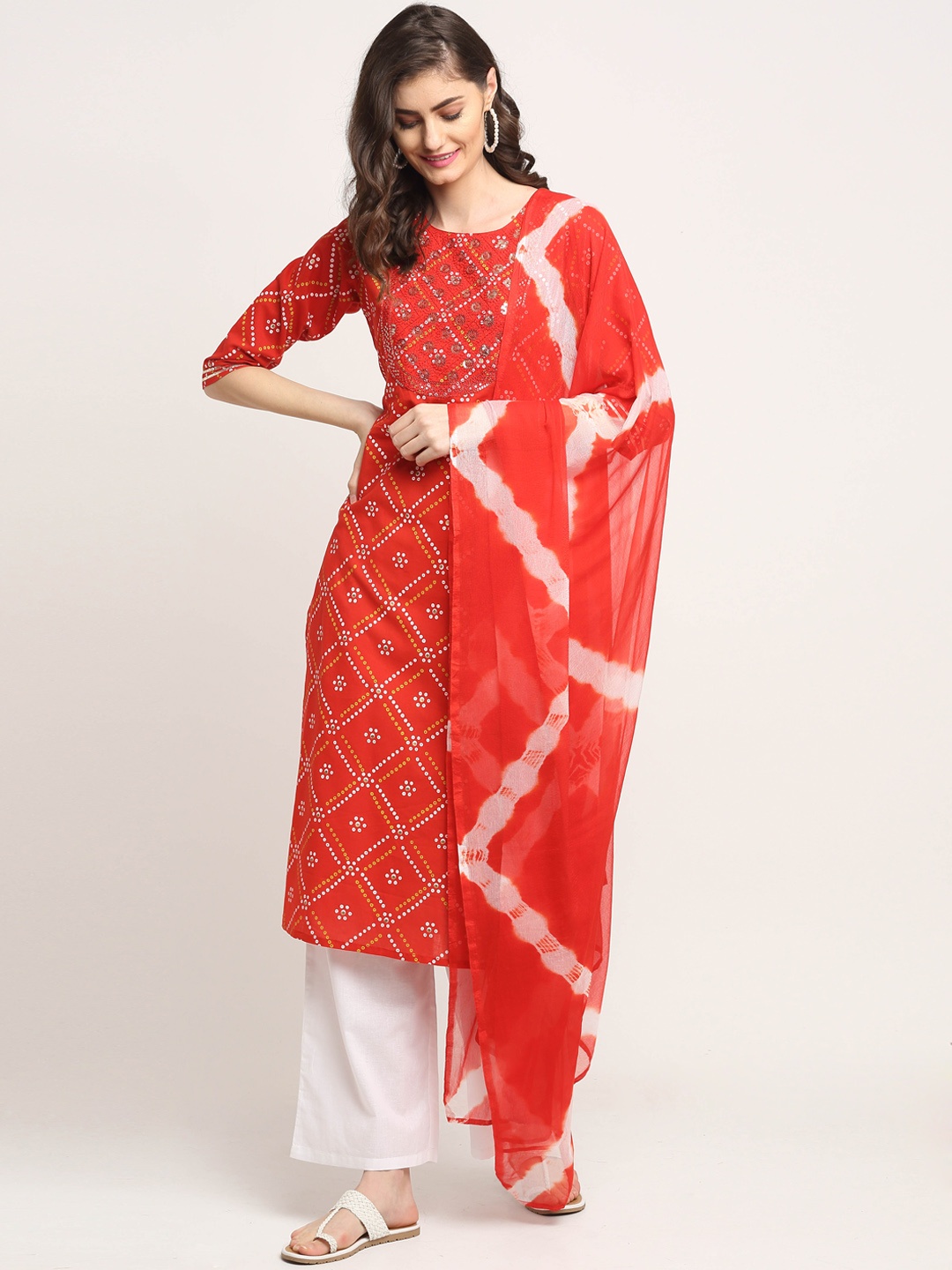 

Roly Poly Women Red Ethnic Motifs Printed Sequinned Pure Cotton Kurta with Palazzos & With Dupatta