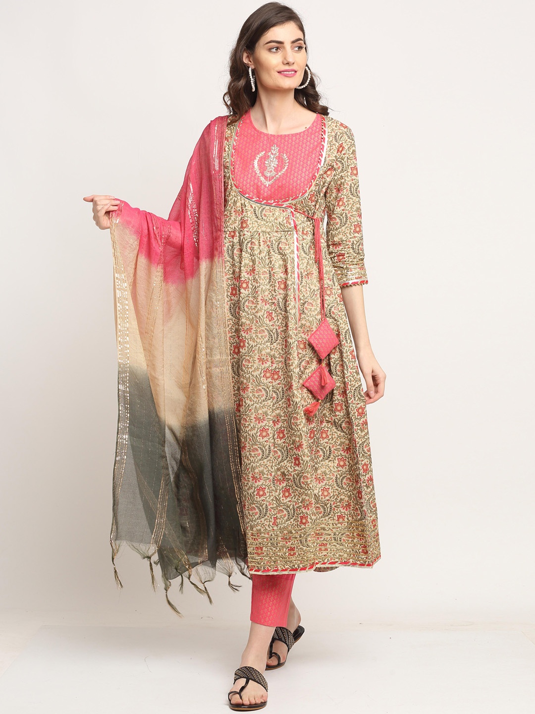 

Roly Poly Women Beige & Pink Floral Printed Pure Cotton Kurta with Trousers & Dupatta