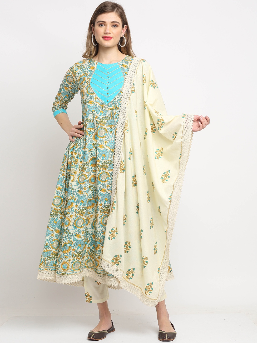 

Roly Poly Women Beige Ethnic Motifs Printed Gotta Patti Pure Cotton Kurta with Trousers & With Dupatta
