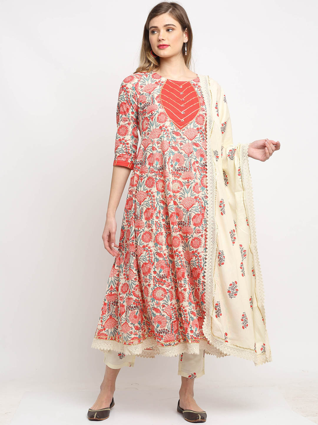 

Roly Poly Women Beige Floral Printed Layered Pure Cotton Kurta with Trousers & With Dupatta