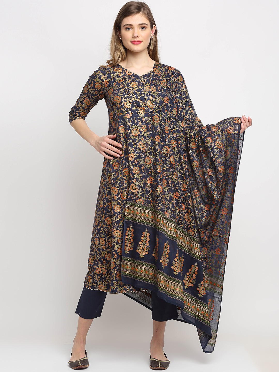 

Roly Poly Women Blue Floral Printed Pure Cotton Kurta with Trousers & With Dupatta