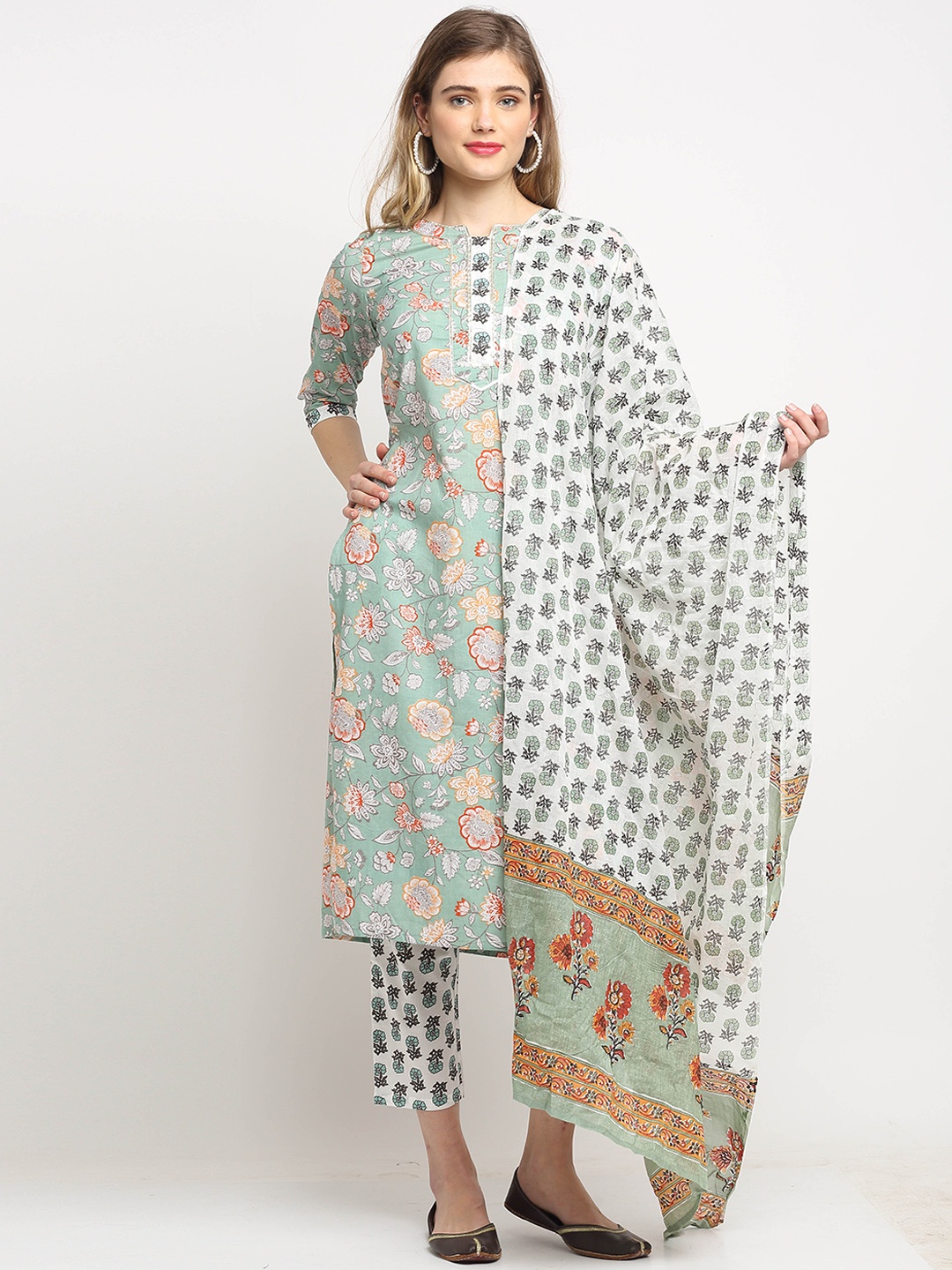 

Roly Poly Women Green Printed Gotta Patti Pure Cotton Kurta with Trousers & With Dupatta