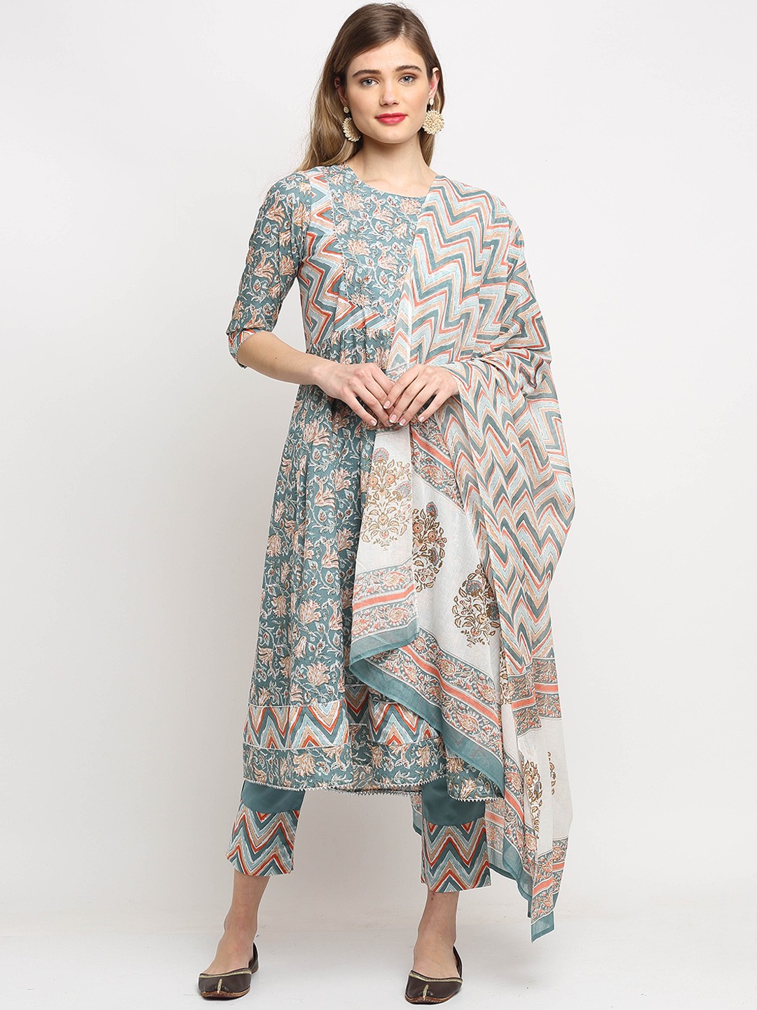 

Roly Poly Women Blue Ethnic Motifs Printed Pure Cotton Kurta with Trousers & With Dupatta
