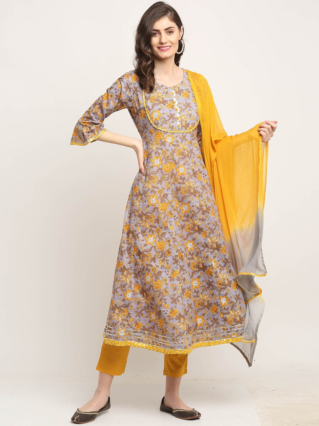 

Roly Poly Women Grey Floral Printed Pure Cotton Kurta with Trousers & With Dupatta