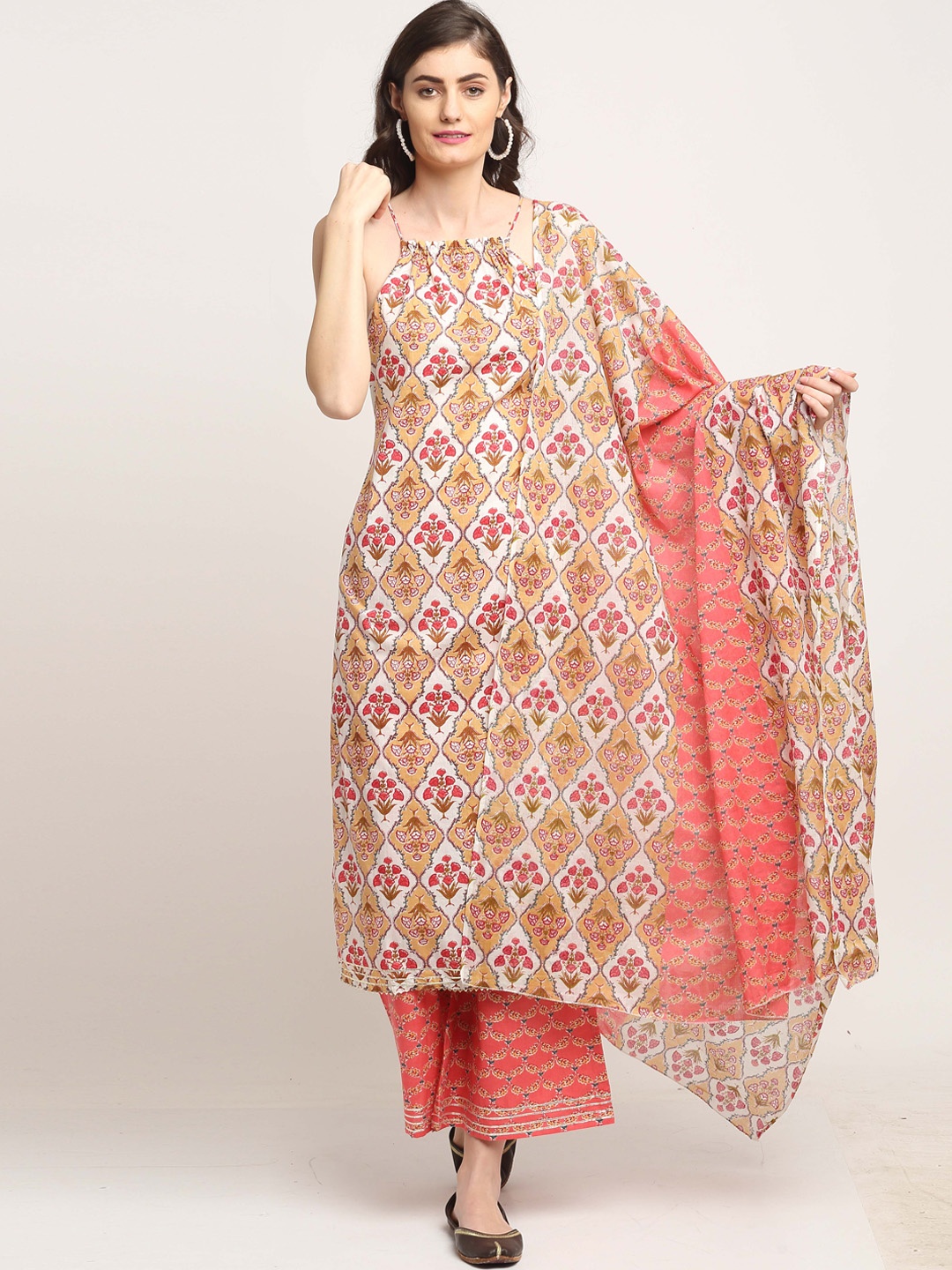 

Roly Poly Women Beige Floral Printed Pure Cotton Kurta with Palazzos & With Dupatta