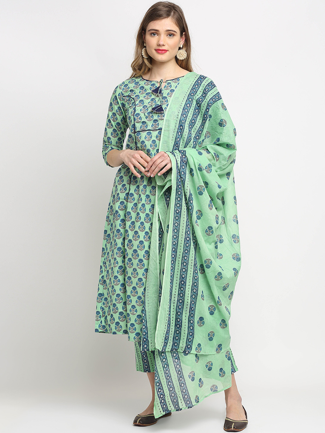 

Roly Poly Women Green & Blue Motifs Printed Pure Cotton Kurta with Trousers & Dupatta