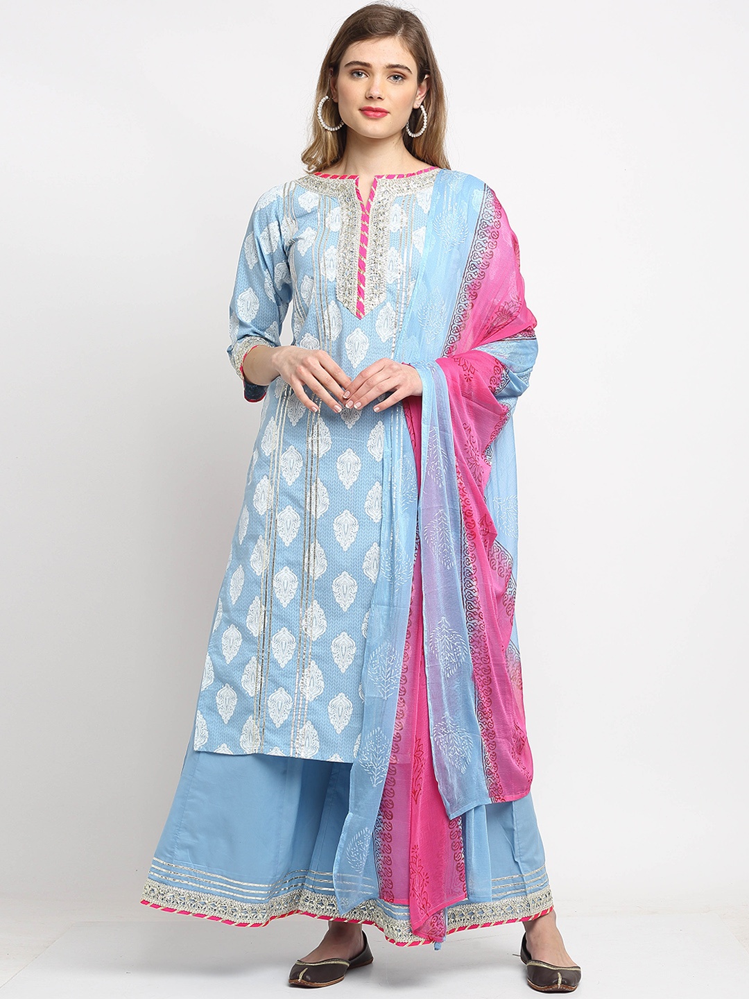 

Roly Poly Women Turquoise Blue Printed Gotta Patti Cotton Kurta with Palazzos & Dupatta