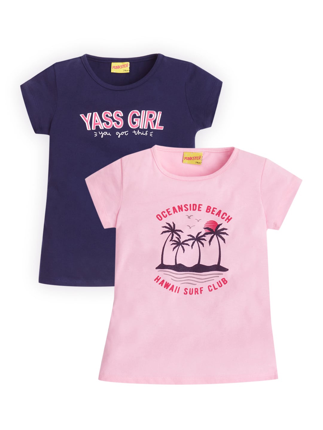 

Punkster Girls Pink & Navy Blue Typography Pack of 2 Printed Cotton T-shirt