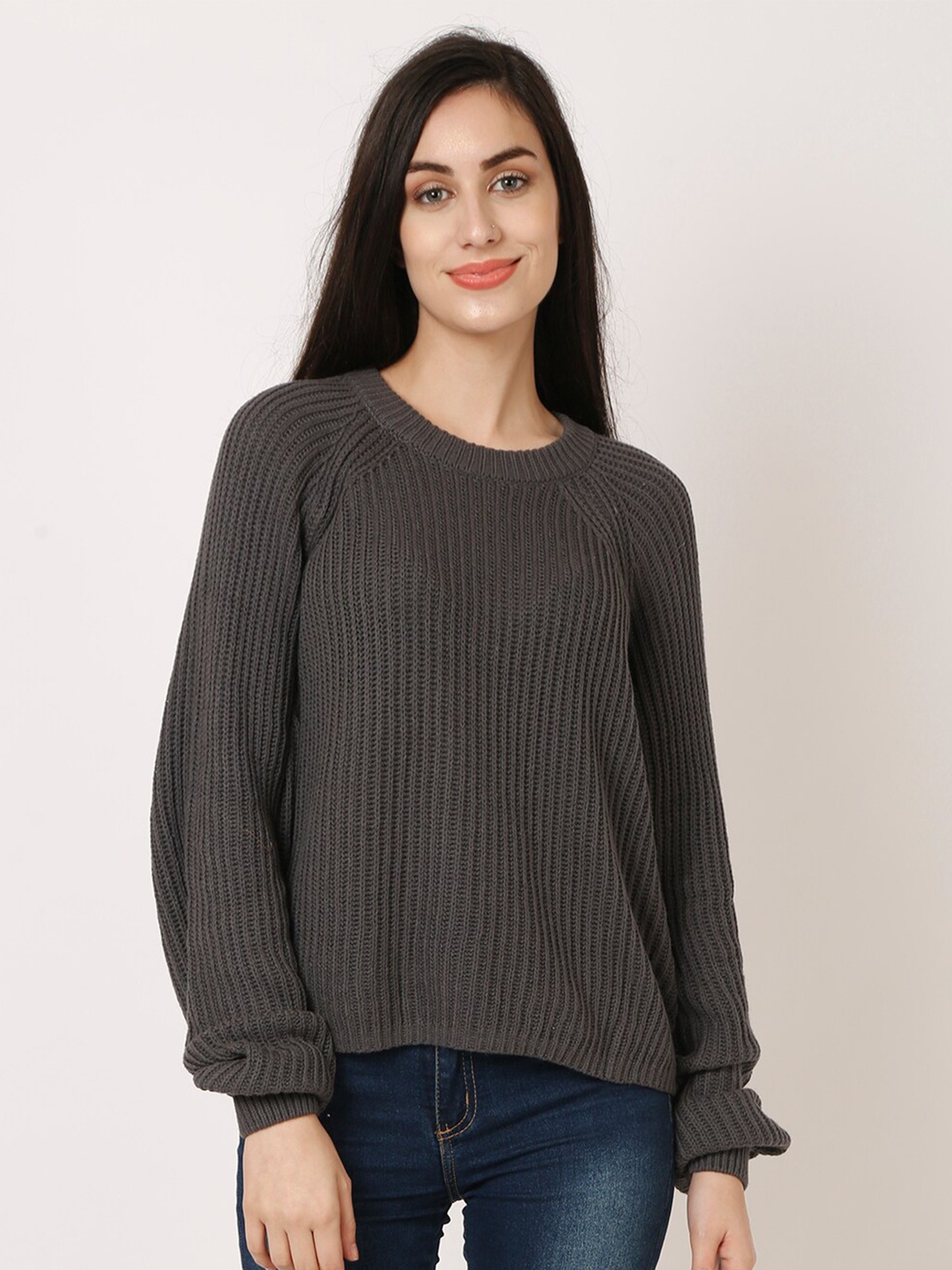 

NoBarr Women Grey Ribbed Raglan Sleeves Cotton Pullover