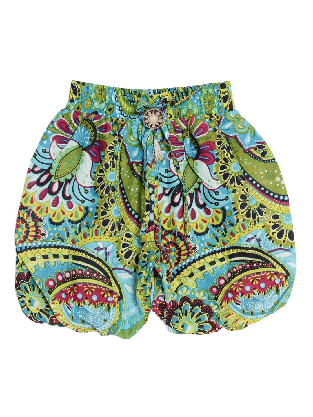 

Fashionable Girls Green & Blue Ethnic Motifs Printed Balloon Shorts With Brooch Detail