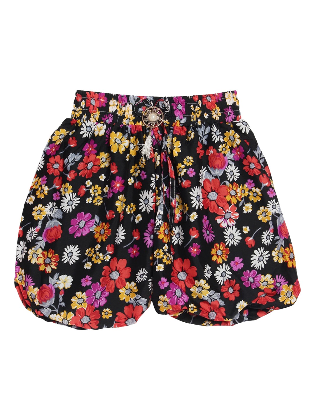 

Fashionable Girls Black & Red Floral Printed Loose Fit Balloon Shorts With Brooch Detail