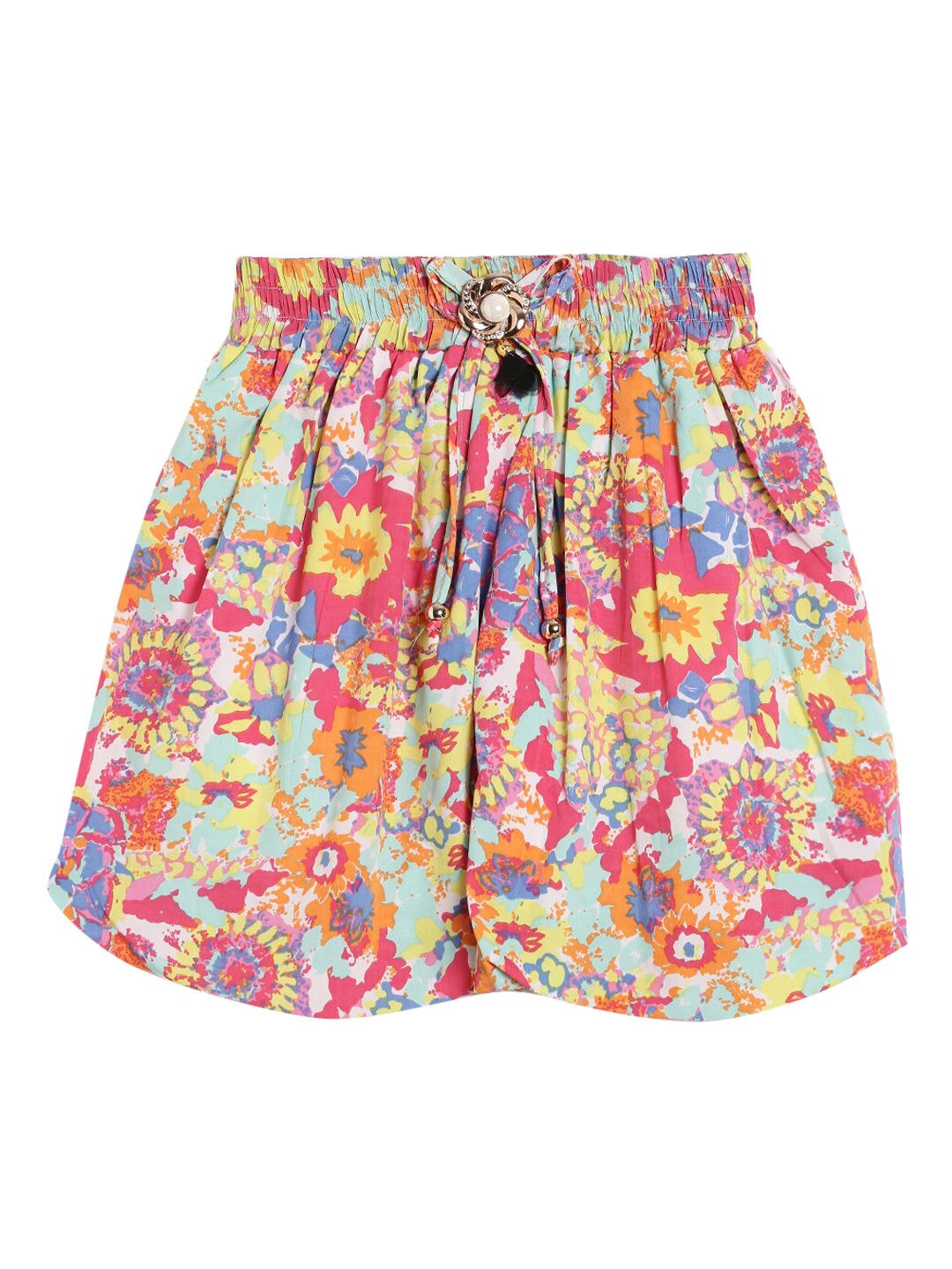 

Fashionable Girls Orange & Blue Printed Loose Fit Balloon Shorts With Brooch Detail