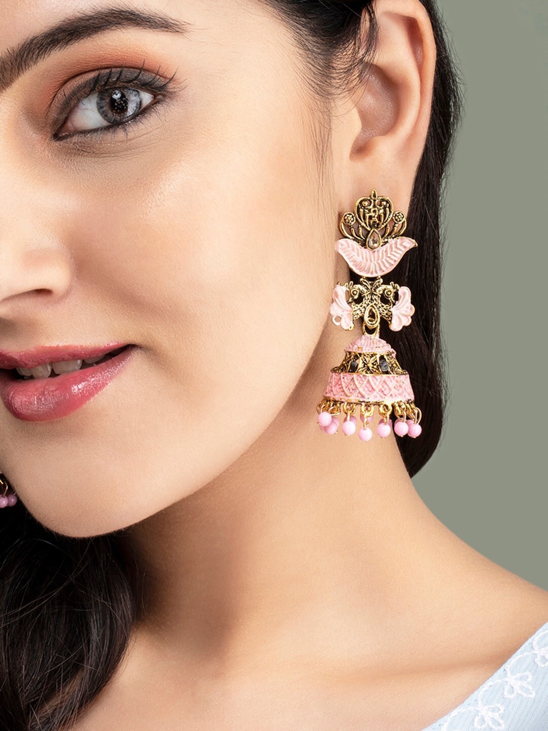 

Rubans Gold-Toned & Pink Enamelled Dome Shaped Jhumkas