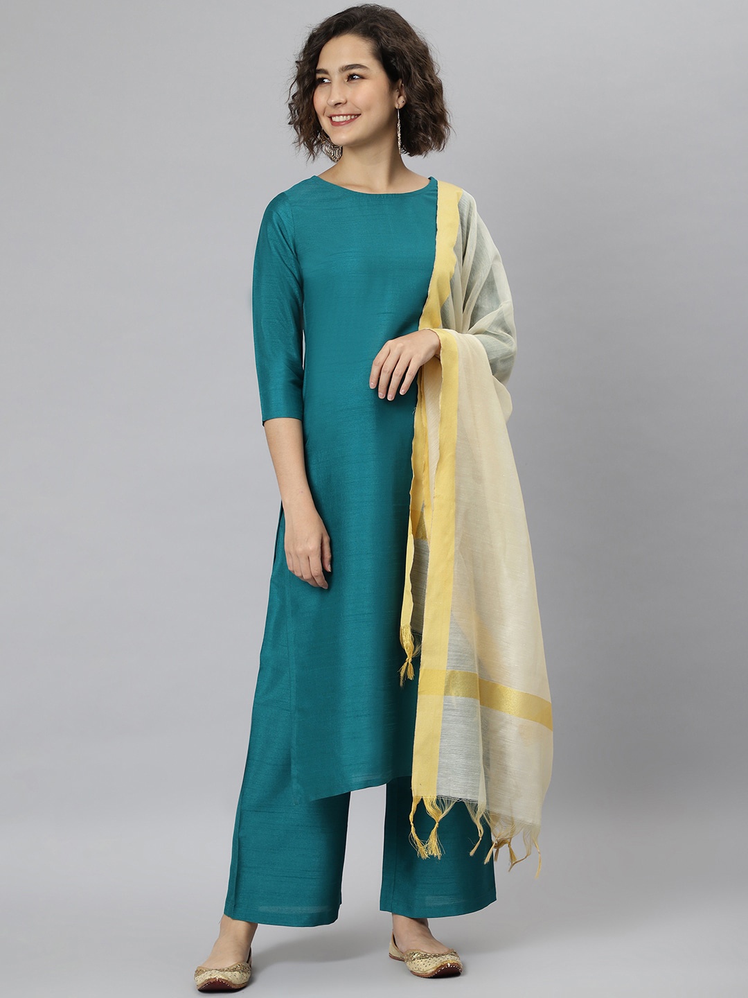 

Janasya Women Teal Kurta with Trousers & With Dupatta