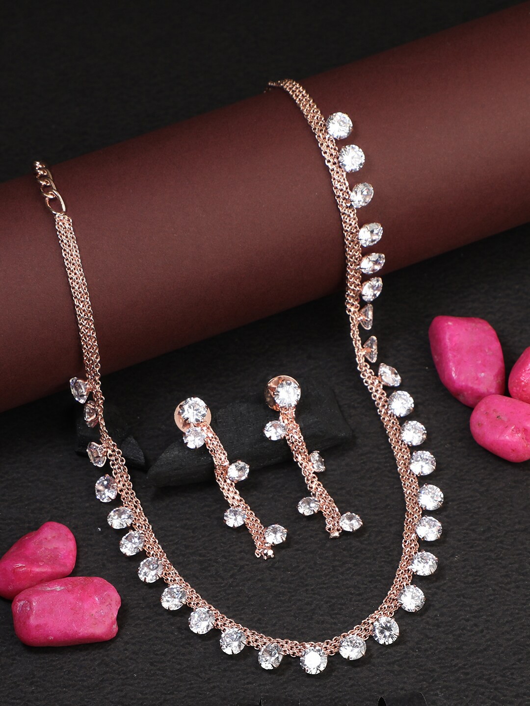 

Adwitiya Collection Rose Gold-Plated White CZ-Studded Jewellery Set