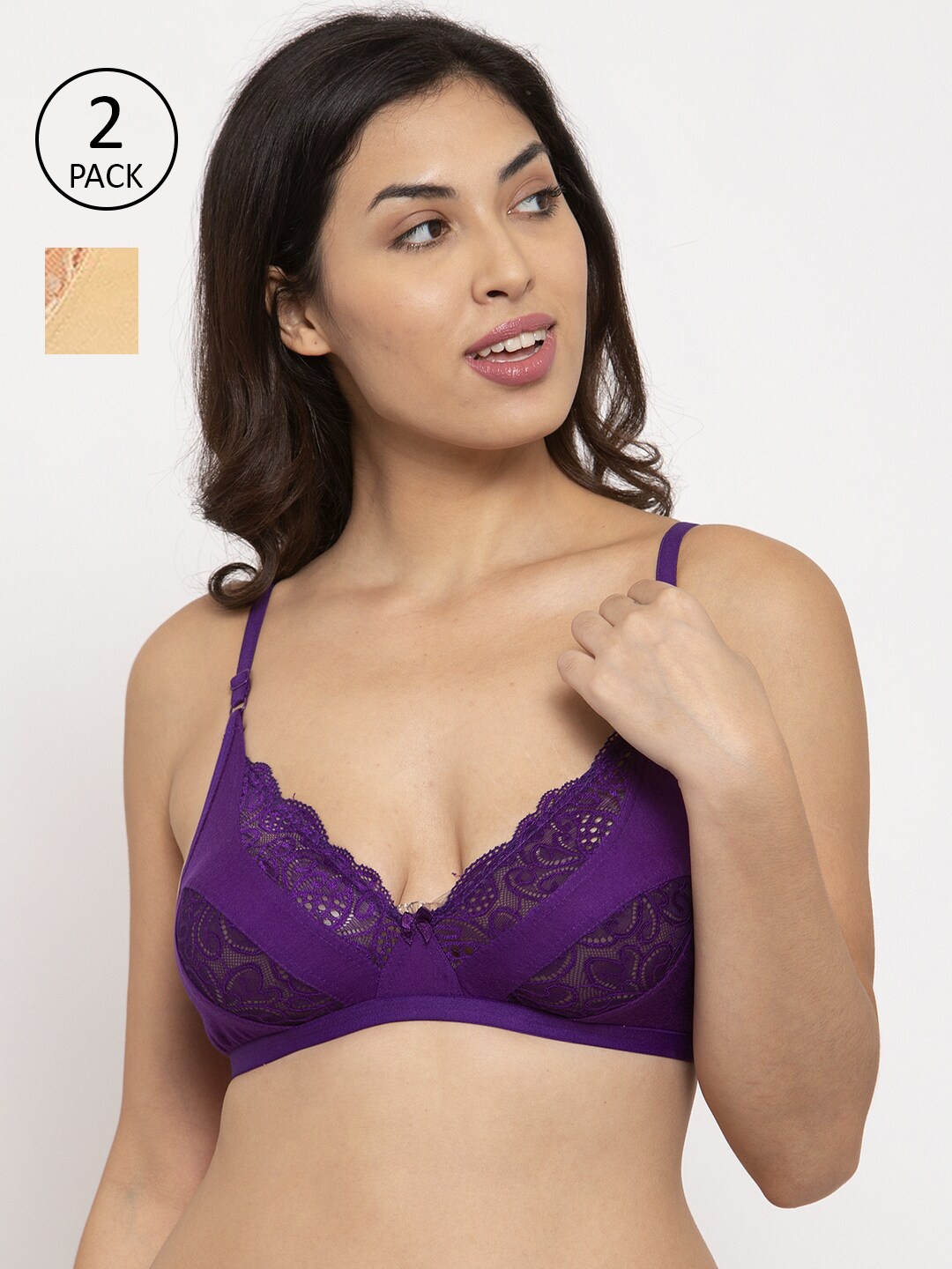 

Innocence Purple & Beige Set of 2 Floral Lace Non Padded Non wired Bridal Bra