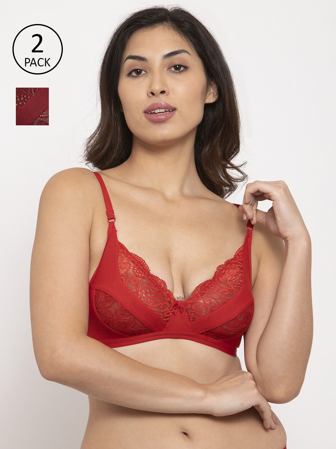 

Innocence Pack Of 2 Cotton Lace Bra Full Coverage Non-Padded Everyday Bra, Maroon