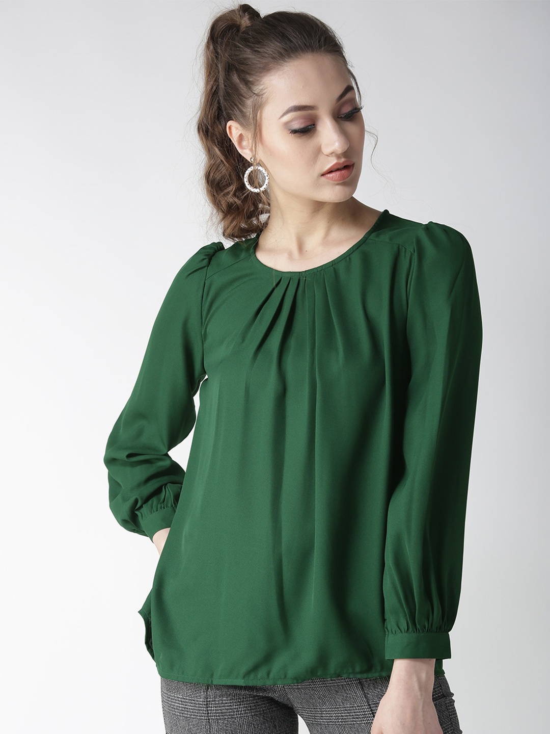 

La Zoire Green Puff Sleeves Pleated Georgette Top