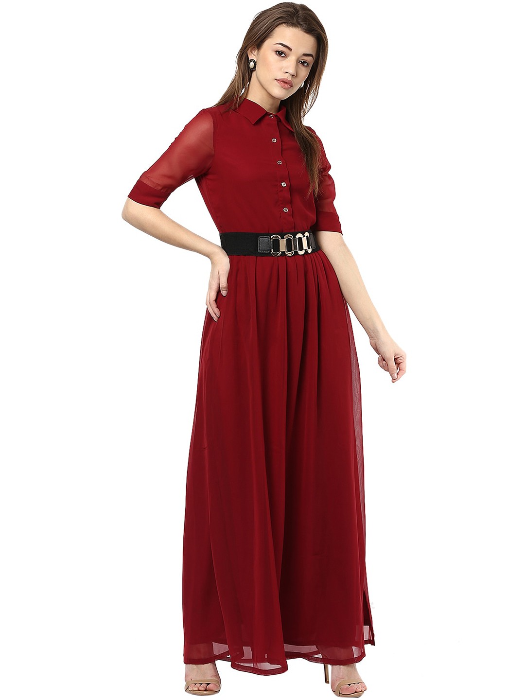 

La Zoire Maroon Georgette Maxi Dress