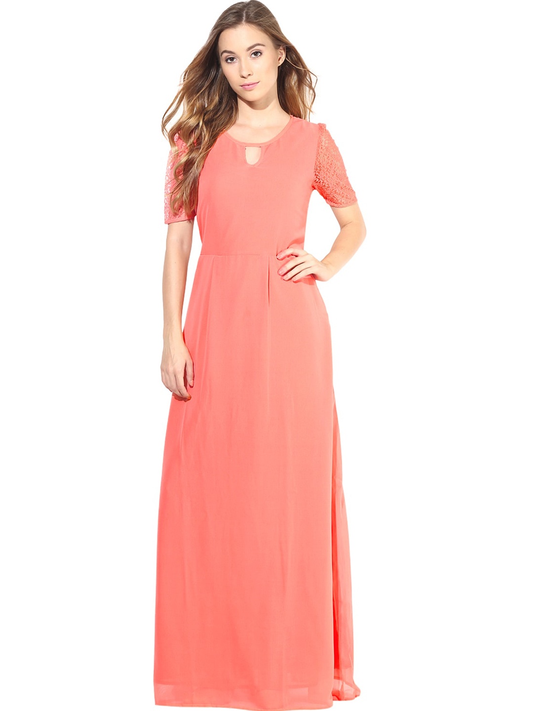 

La Zoire Women Peach-Coloured Solid Keyhole Neck Maxi Dress