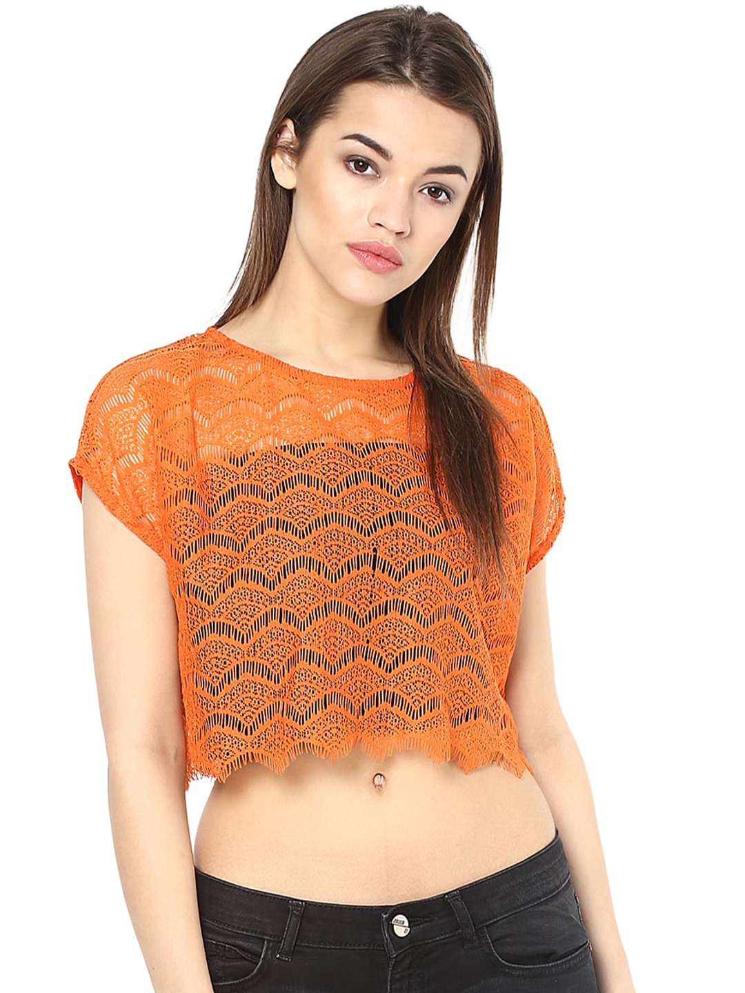 

La Zoire Orange Extended Sleeves Lace Crop Top