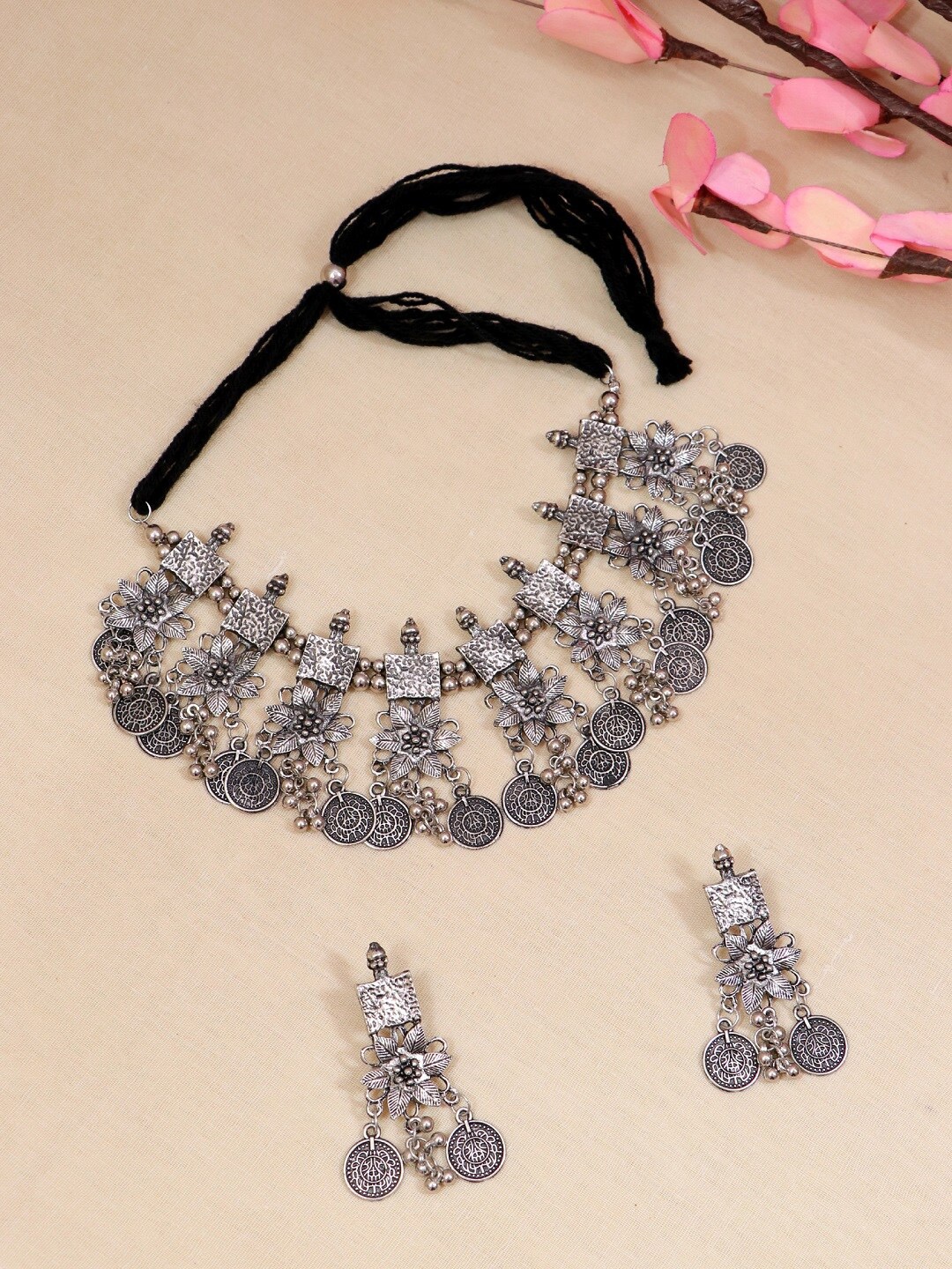 

Crunchy Fashion Women Silver Plated Oxidised Coin Choker Jewellery Set