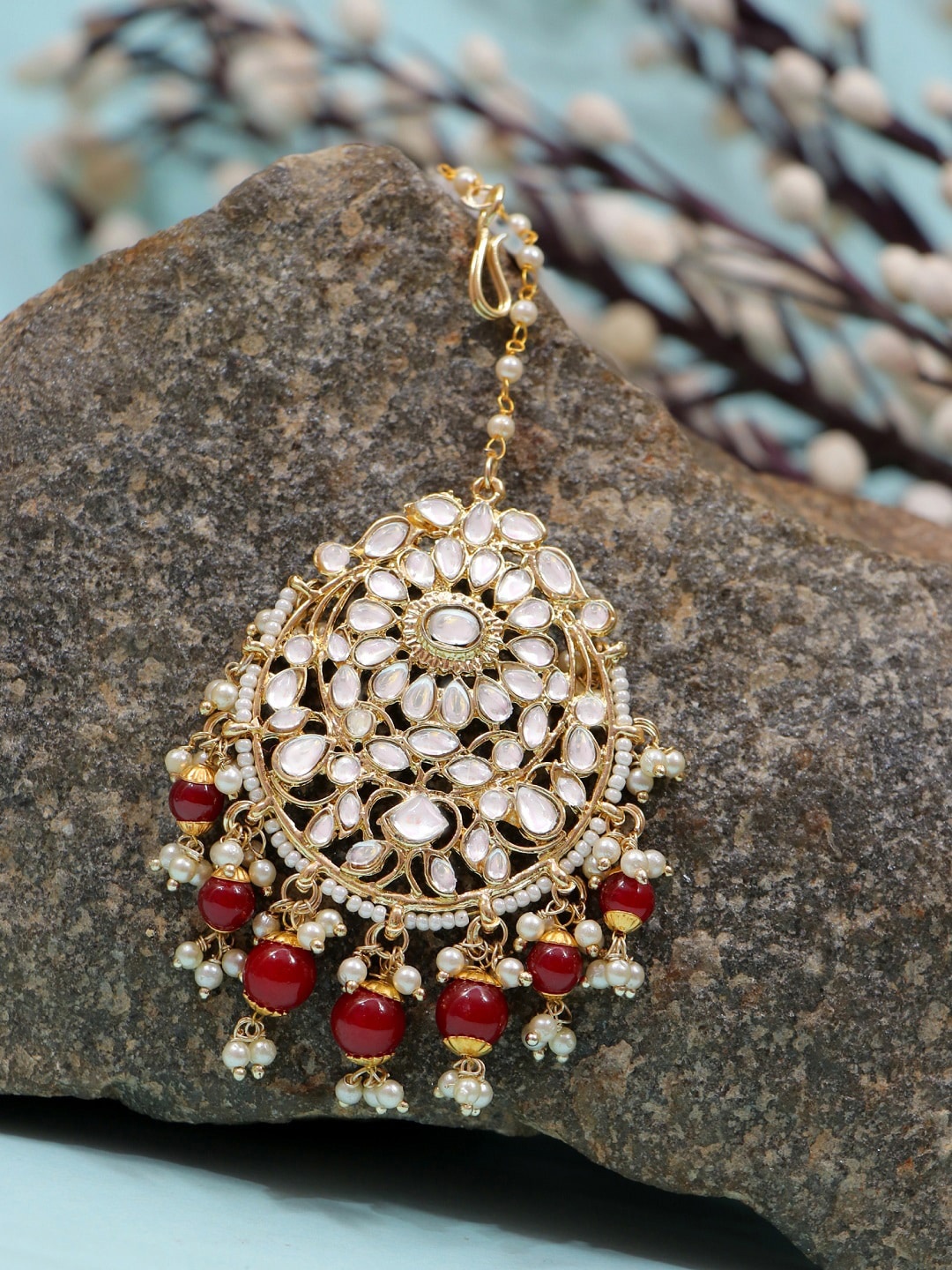 

Crunchy Fashion Red & Gold Plated Kundan-Studded Meenakari Wedding Collection MaangTikka