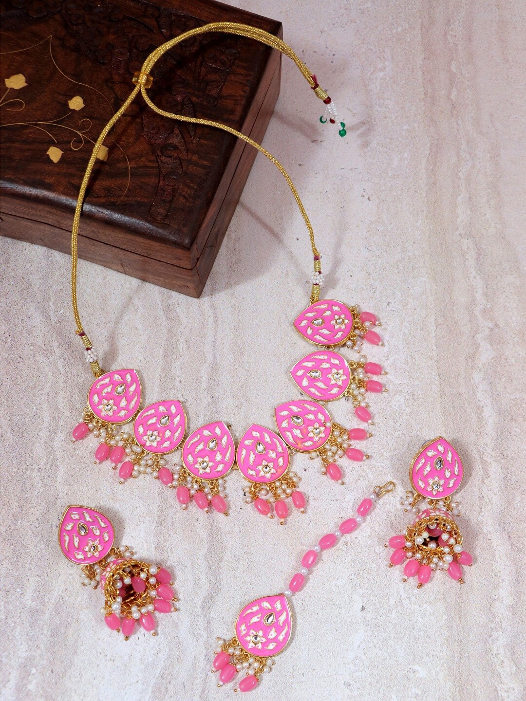 

Crunchy Fashion Gold-Toned Pink & White Stone-Studded Beaded Meenakari Jewellery Set