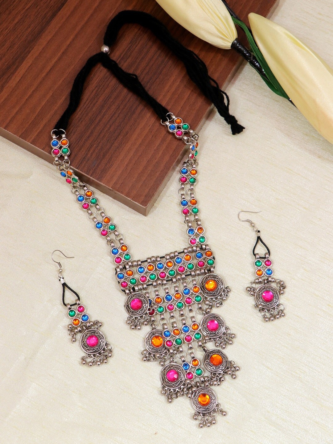 

Crunchy Fashion Silver-Plated & Multicolored Studded Oxidised Jewellery Set