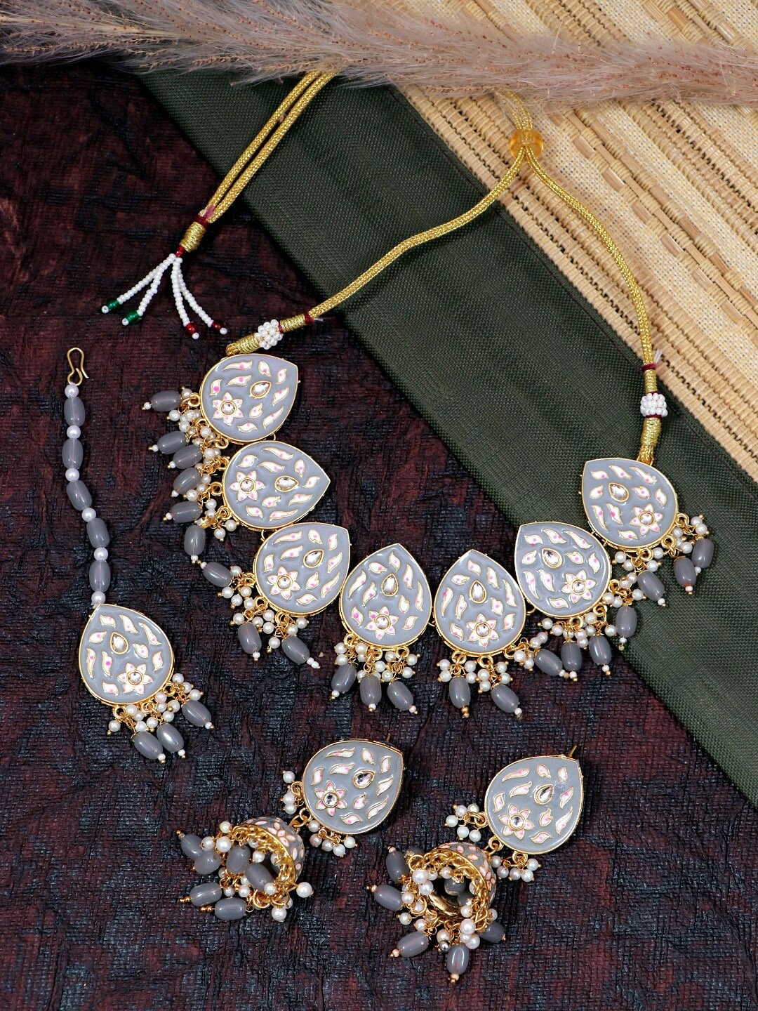 

Crunchy Fashion Grey & White Gold-Plated Stone-Studded Beaded Enamelled Jewellery Set