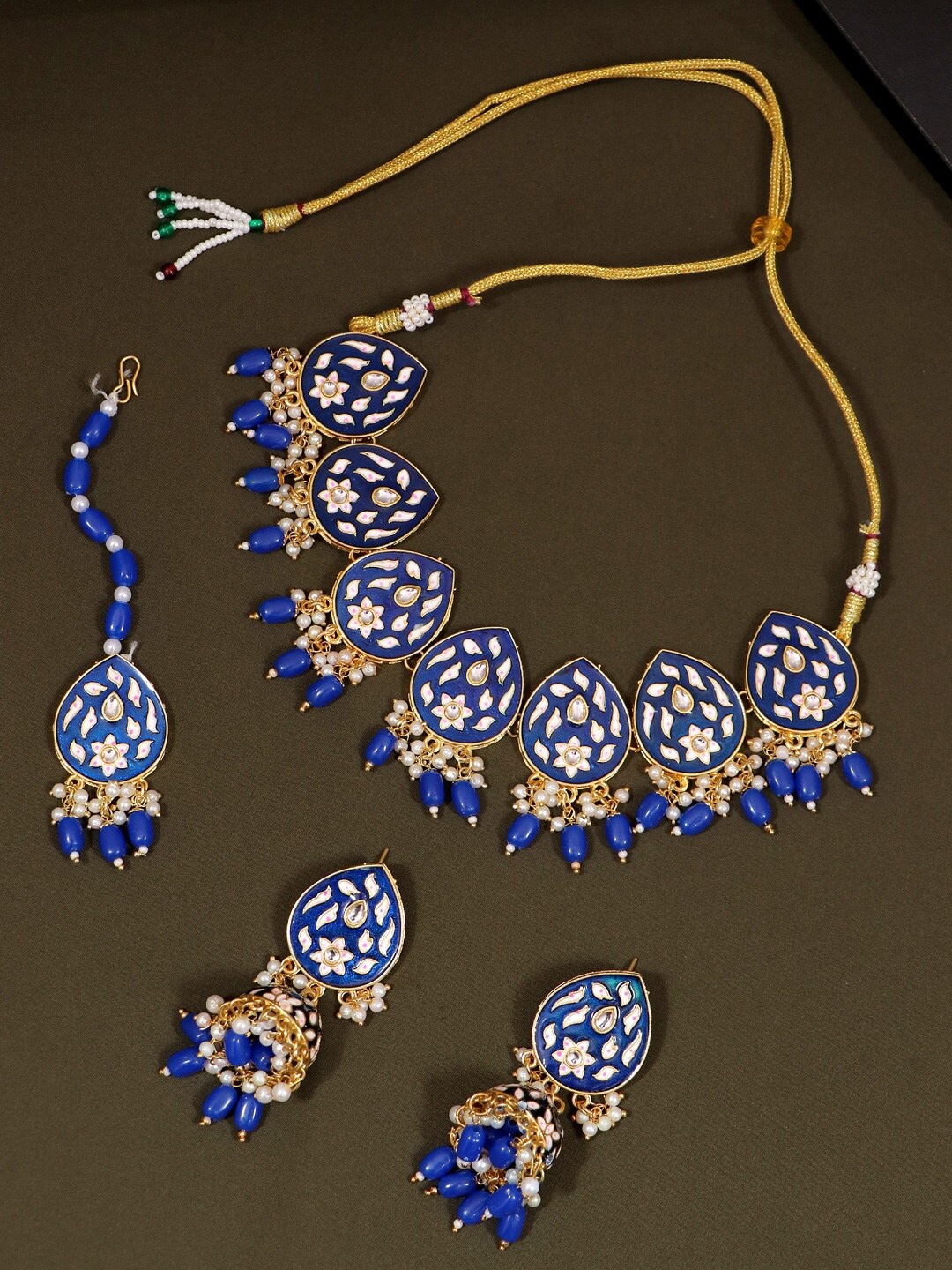 

Crunchy Fashion Gold-Plated Blue & White Stone-Studded Beaded Meenakari Jewellery Set